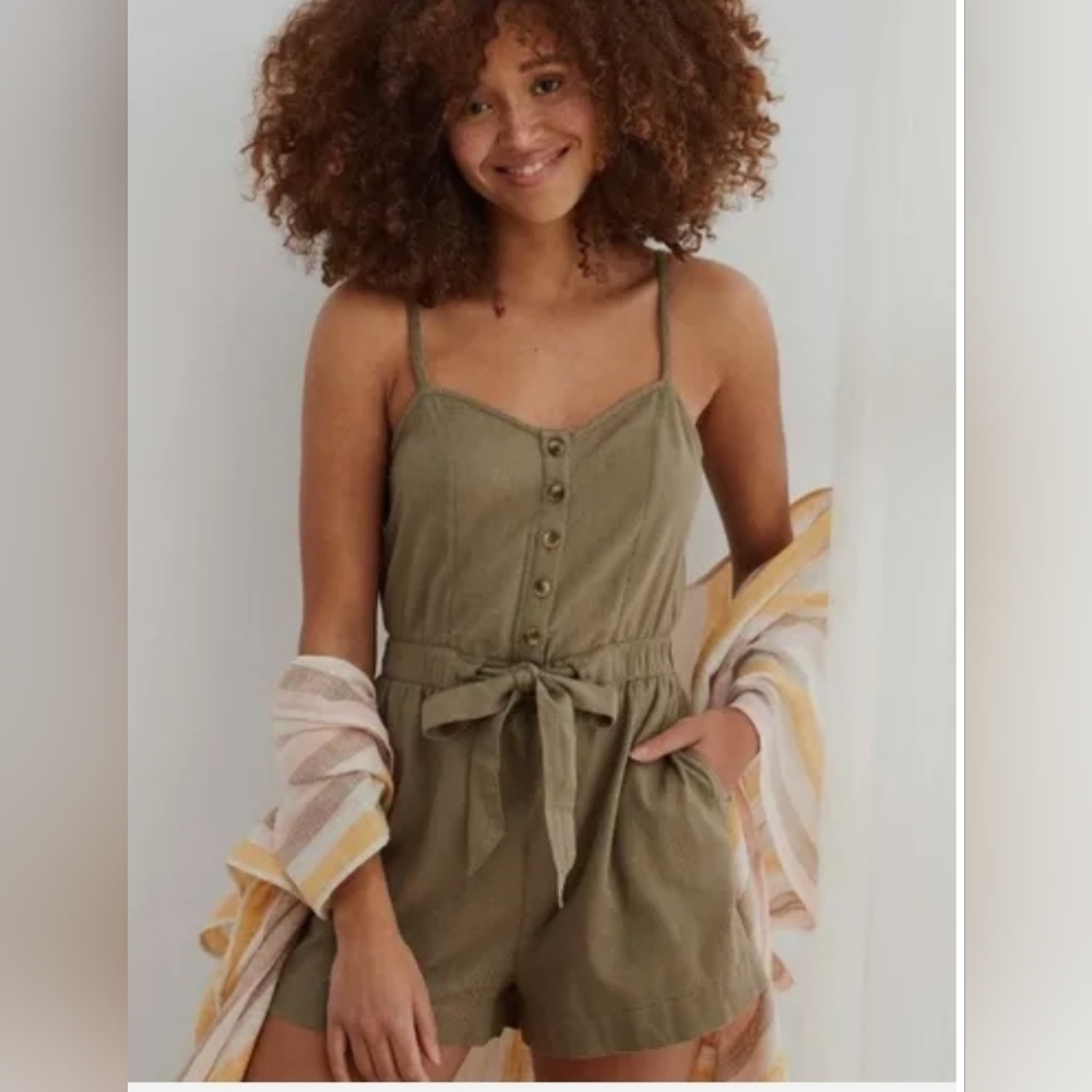 aerie Olive Green Button-Front Tie-Waist Romper